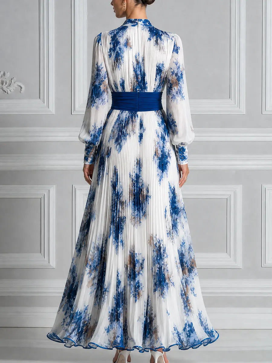 White Dress Fall Wedding Guest Dress Blue Floral Pleated Maxi Dress