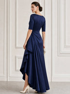 Satin Boat-Neck Ruched High-Low Maxi Gown