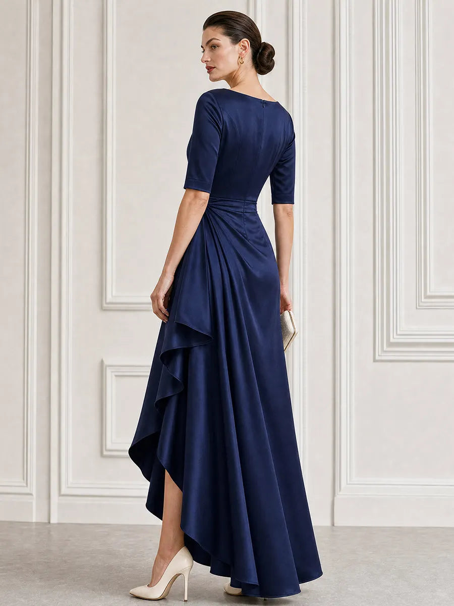 Satin Boat-Neck Ruched High-Low Maxi Gown