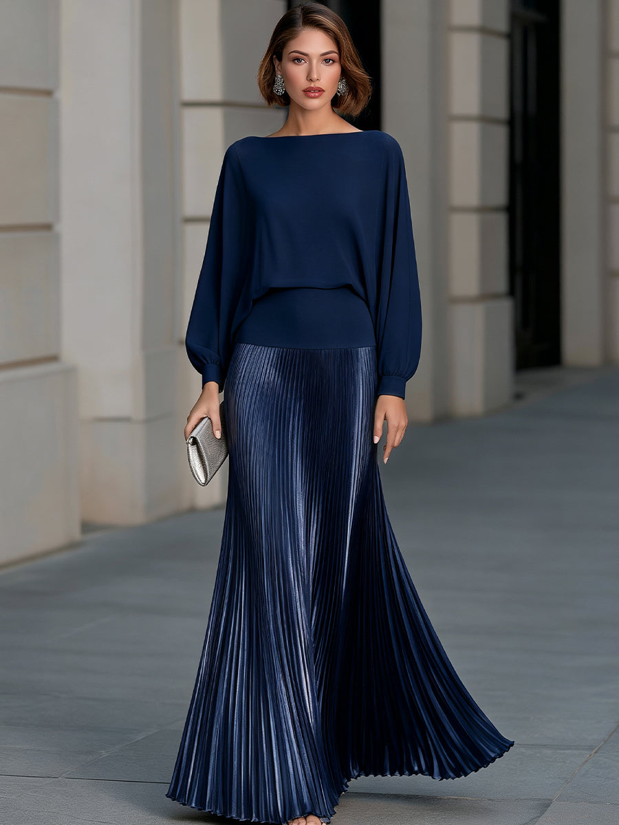 Pleated Satin Long Sleeve Flowing Maxi Dress
