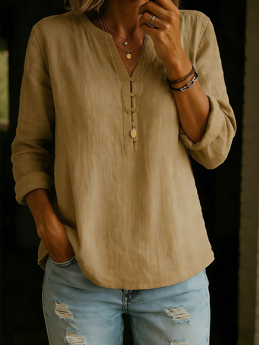 Women's Solid Color V-neck Long-sleeved Casual Loose Cotton And Linen Top