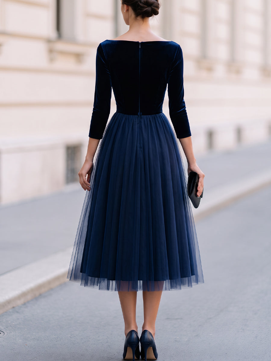 Velvet Tulle Midi Dress For Cocktail, Wedding Guest & Formal Evening Occasions