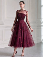 3D Floral Tulle Round Illusion Sheer Sleeve Midi Dress