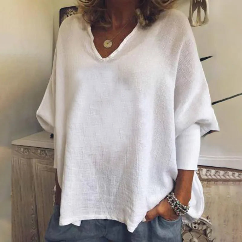 Vintage Solid Color V Neck Cotton Linen Shirt