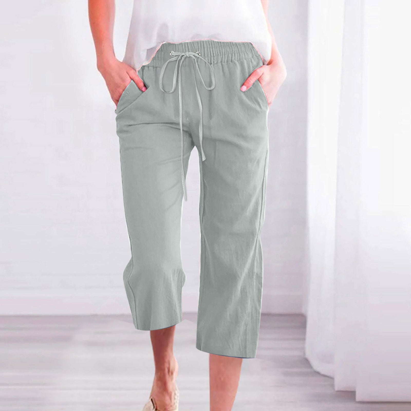 Women's Casual Summer Linen Pants High Waisted Loose Yoga Sweatpants Crop Pants with Pockets
