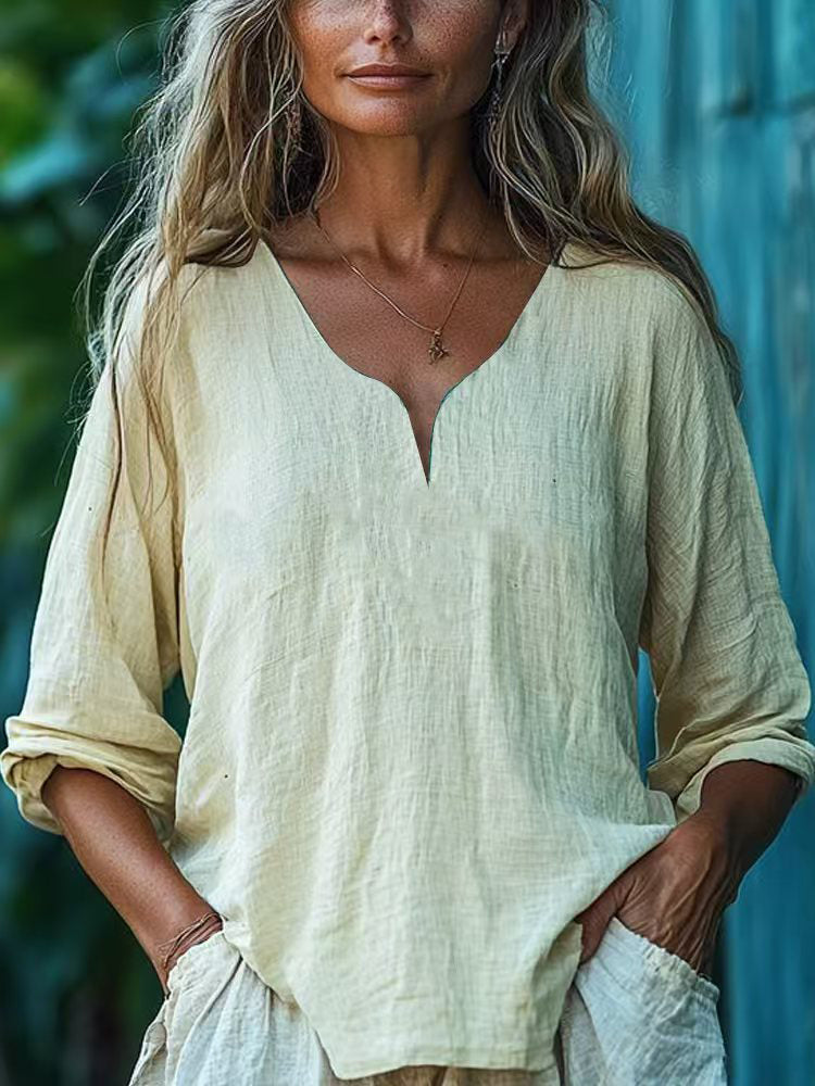 Vintage Solid Color Long Sleeve Linen Blend Shirt
