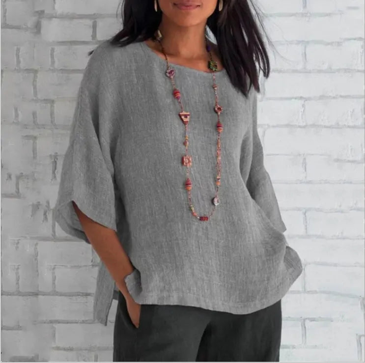 Women's Cotton Linen Three-quarter Sleeve Crew Neck Shirt