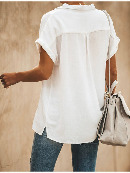 Solid Color Batwing Sleeve Pocket Shirt