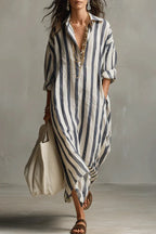 Casual Striped Shirt Bohemian Style Maxi Dress