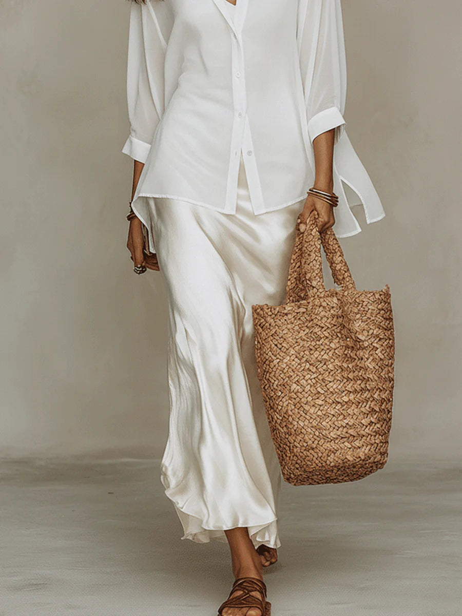 White Button-down Shirt And Satin Slip Dress Two-piece Set