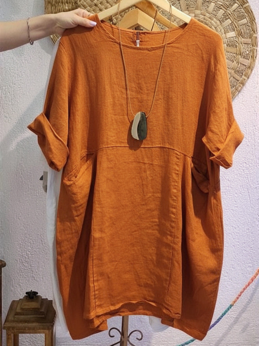 Women's Linen And Cotton Round-neck Dress