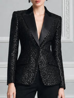 Black Sequin Satin Lapel Tailored Blazer
