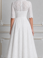White Lace Shawl Collar Button Front A-Line Midi Dress