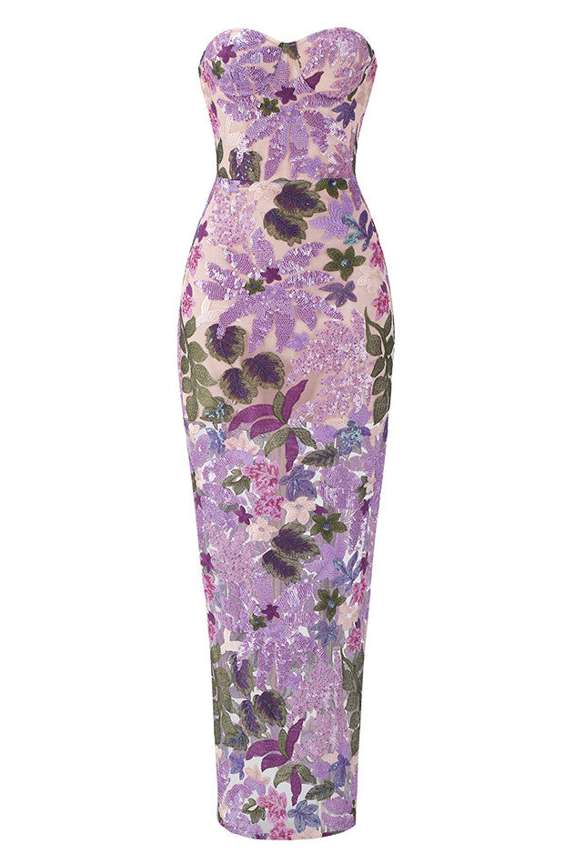 Strapless Floral Sequin Bustier Maxi Dress Lavender