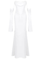Long Sleeve Strapless Draped Maxi Dress White