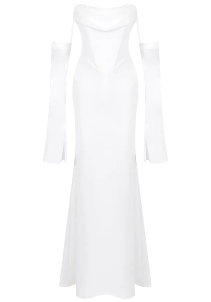 Long Sleeve Strapless Draped Maxi Dress White