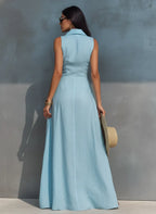 Women's Minimalist Linen-Blend Sleeveless Collared Single-Breasted Maxi Dress