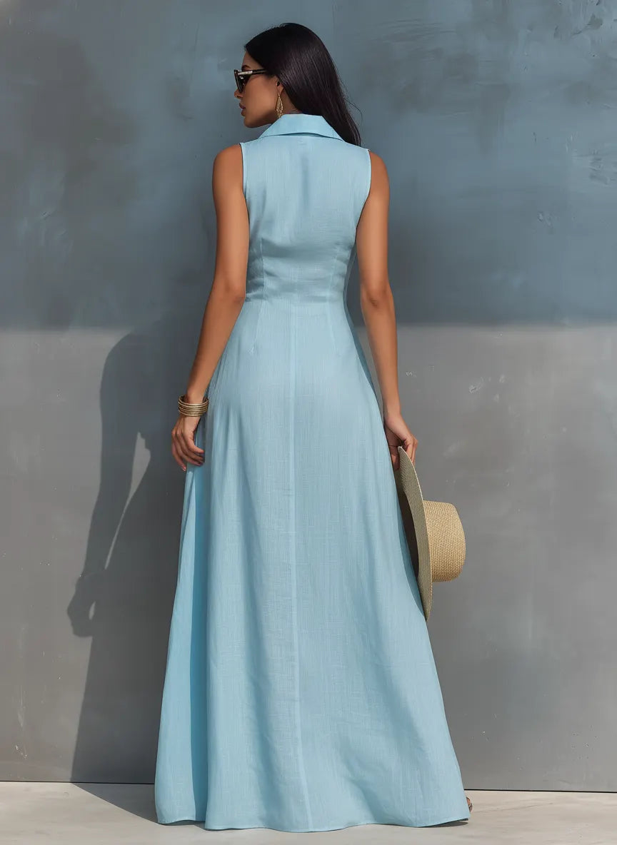 Women's Minimalist Linen-Blend Sleeveless Collared Single-Breasted Maxi Dress
