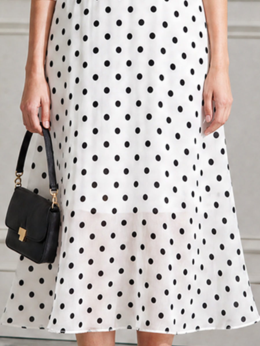 Polka Dot Bow Tie Neck Ruffle Sleeve Chiffon Midi Dress