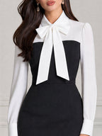 Elegant Colorblock Bow Tie Neck Sheath Midi Dress