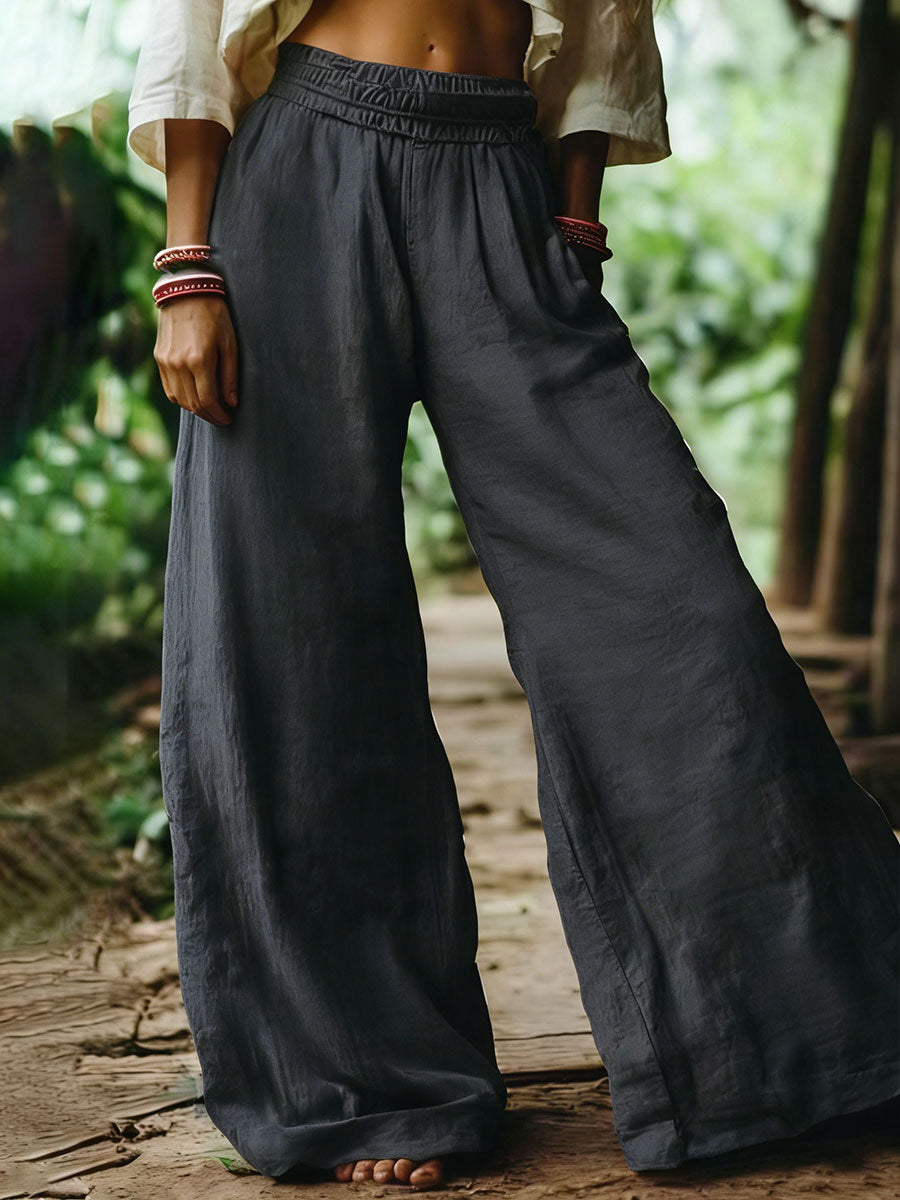 Women's Solid-color Elastic Waist Casual Cotton-linen Wide-leg Pants