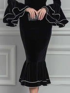 Velvet Mock-Neck Mesh-Yoke Ruffle-Sleeve Mermaid Midi Dress