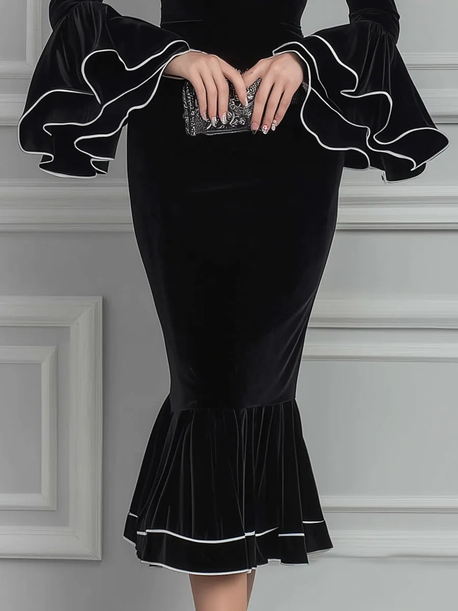 Velvet Mock-Neck Mesh-Yoke Ruffle-Sleeve Mermaid Midi Dress