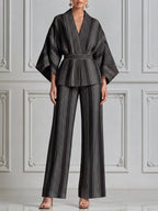 Black Striped Kimono Wrap Top & Wide Leg Pants Set