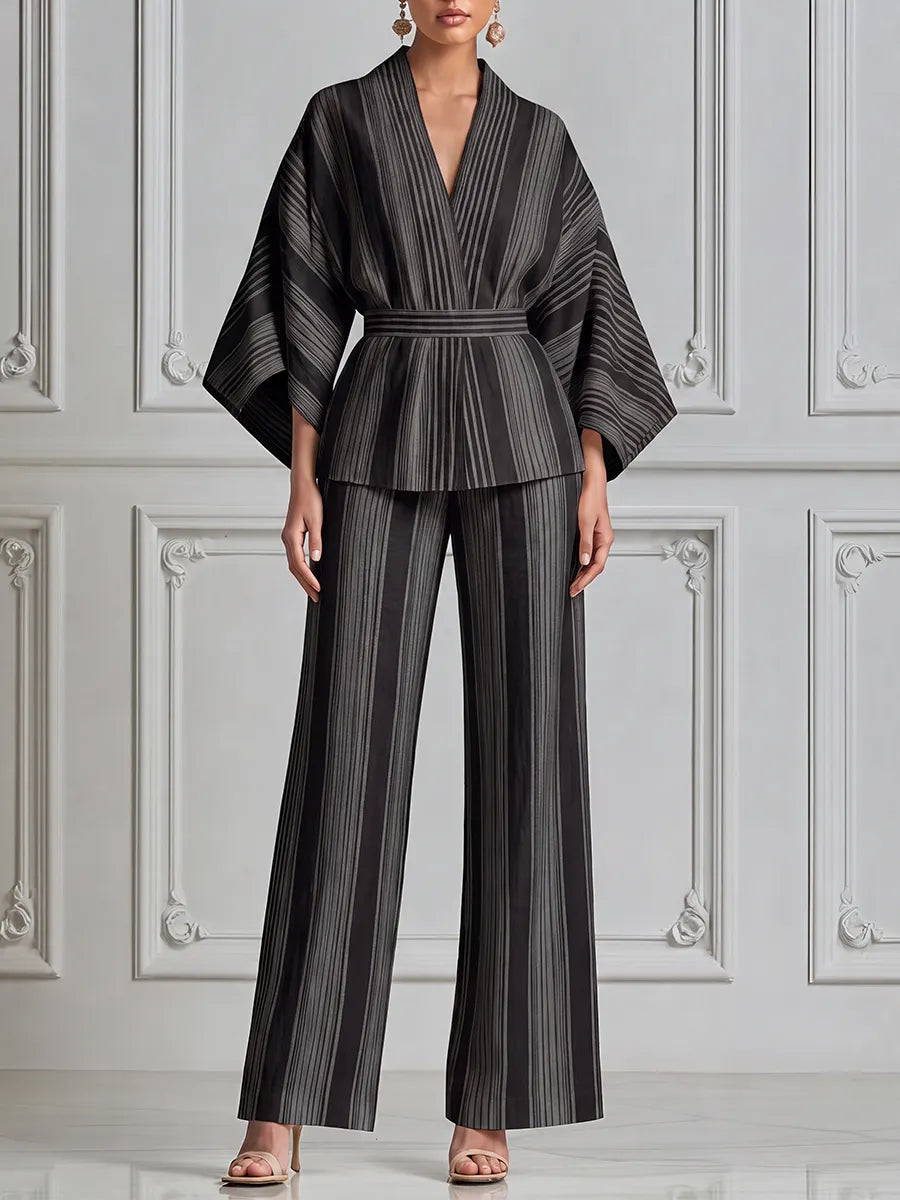 Black Striped Kimono Wrap Top & Wide Leg Pants Set