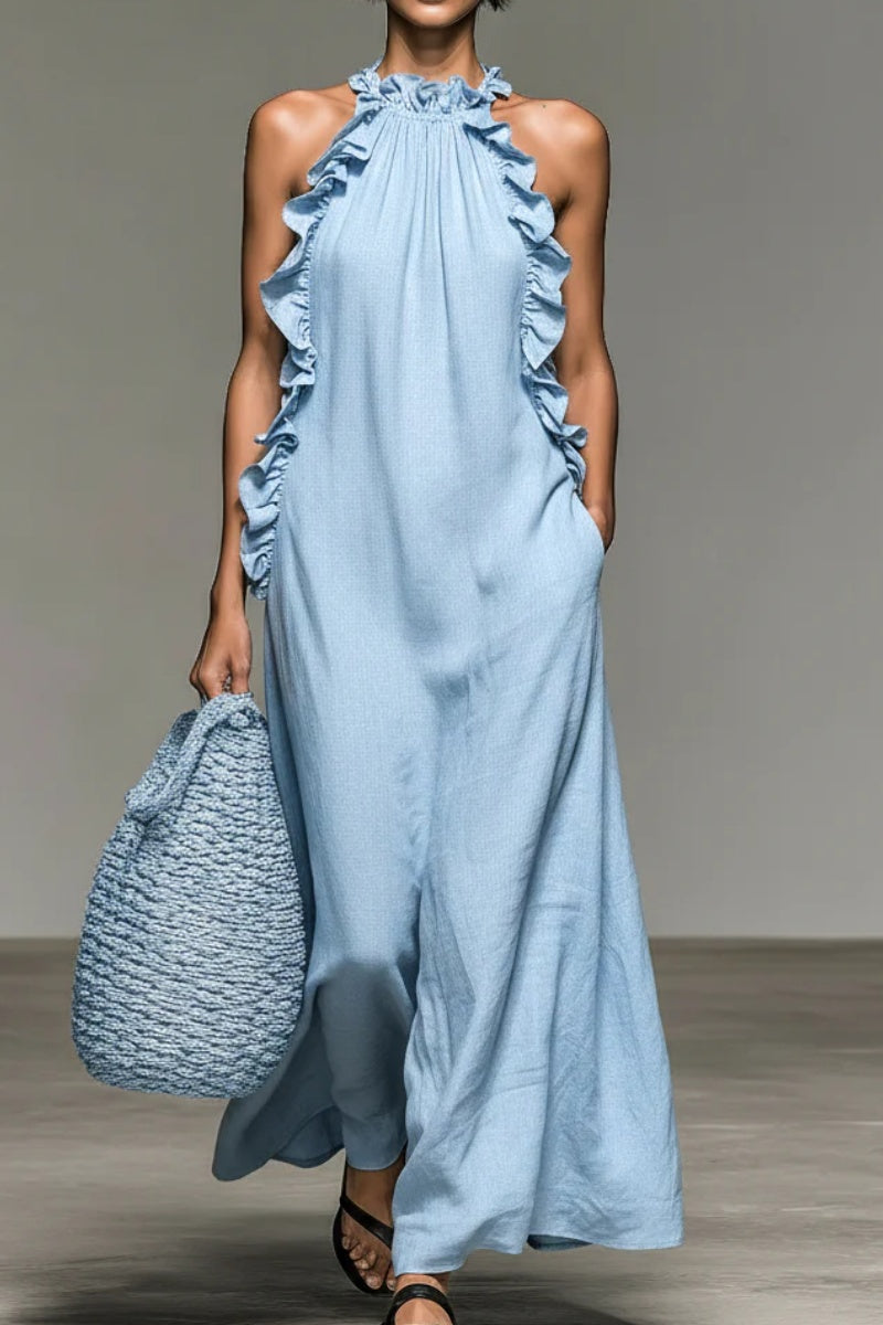 Women's Minimalist Linen-blend Sleeveless Maxi Dress With Ruffle Details