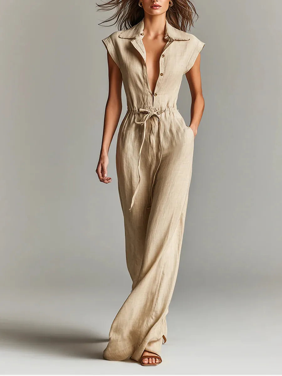 Women's Linen Dress With Collared Neck Drawstring Waist Timeless Resort-chic Style Dress
