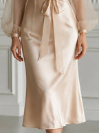 Satin V-Neck Organza Puff Sleeve Sash Bow Midi Dress