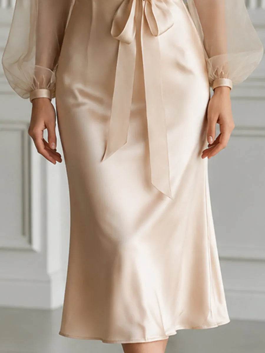 Satin V-Neck Organza Puff Sleeve Sash Bow Midi Dress