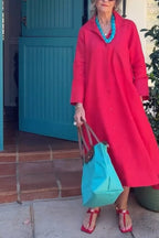 Women's Elegant A-Line Dress with Three-Quarter Sleeves & Practical Pockets
