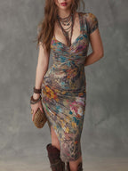 Retro Floral & Snake Print V-Neck Wrap Midi Dress
