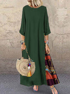 Women's Retro Floral Contrast Button Patchwork Cotton And Linen Casual Dress