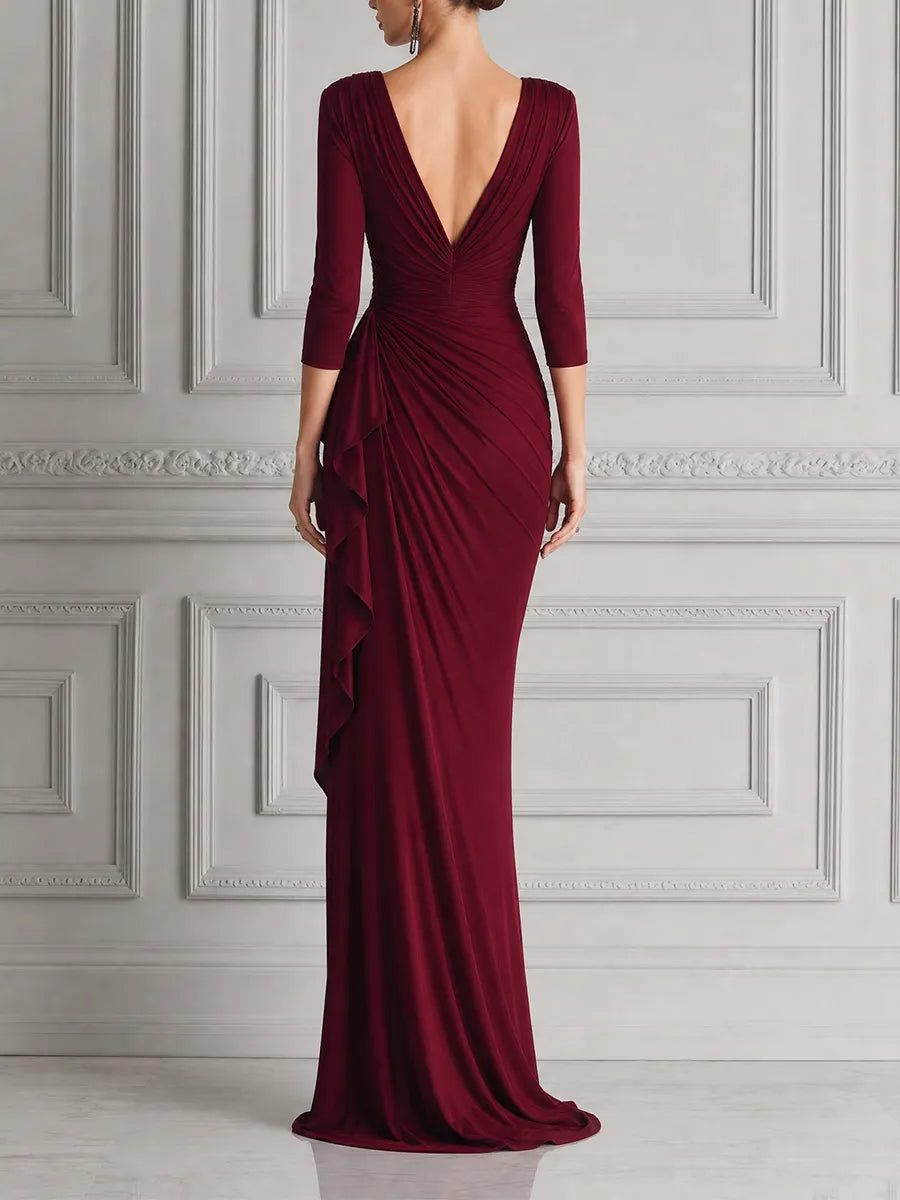Burgundy Red Dress Fall Wedding Guest Dress Draped Slit Maxi Dress
