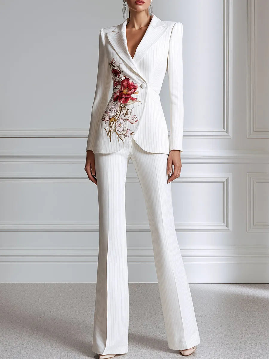 Floral Print Pinstripe Blazer And Flared Trouser Suit
