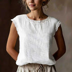 Retro Loose Solid Color Round Neck Lace Patchwork Sleeveless T-shirt