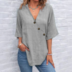 Women's Solid Color Button Linen V-neck T-shirt