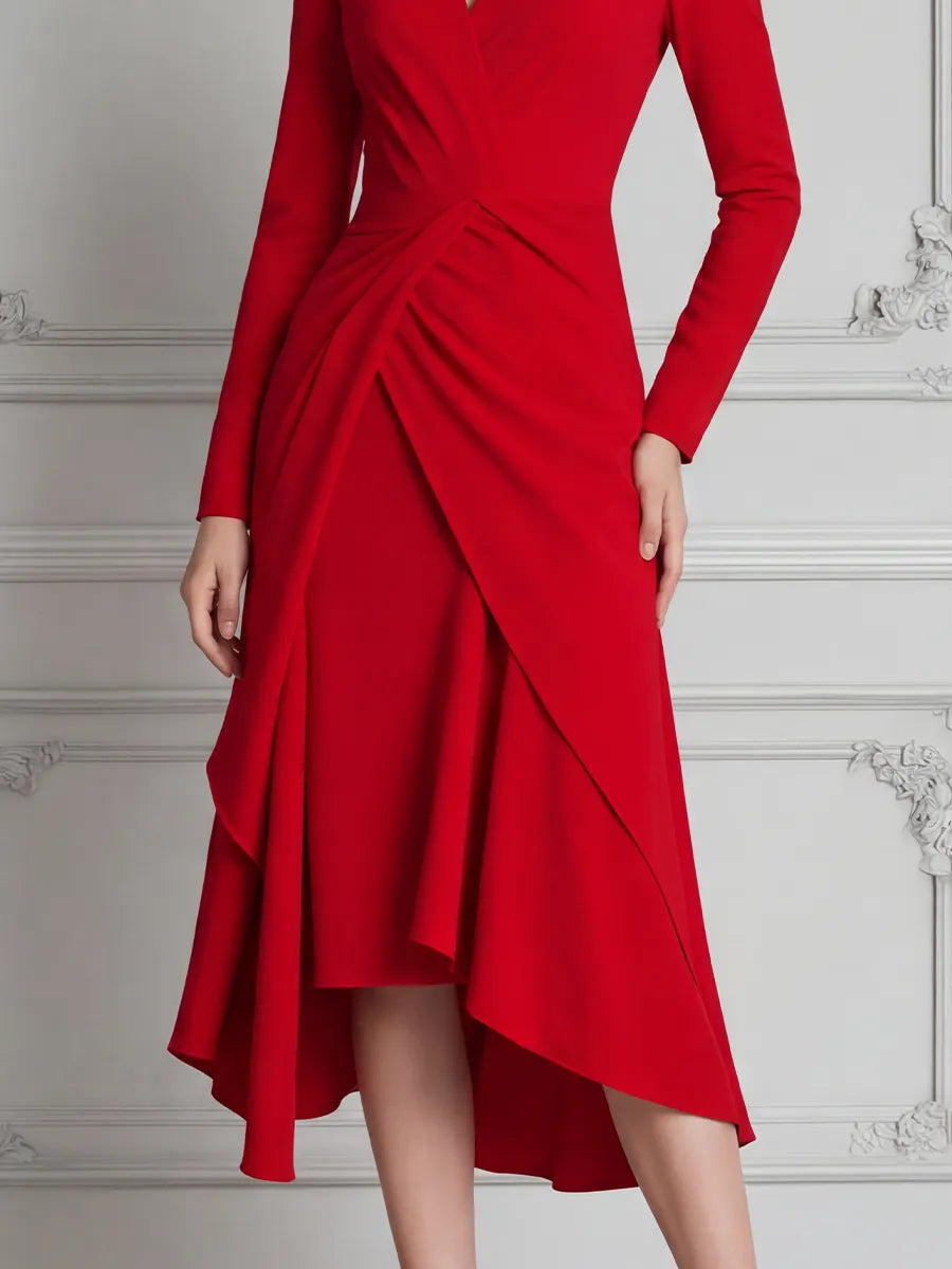 Red Dress Fall Wedding Guest Dress Draped Wrap High Low Midi Dress