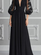 Black Embroidered Mesh Dress Fall Wedding Guest Dress Sheer Sleeve Maxi Dress