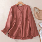 Solid Color V-Neck Long Sleeved Loose Shirt
