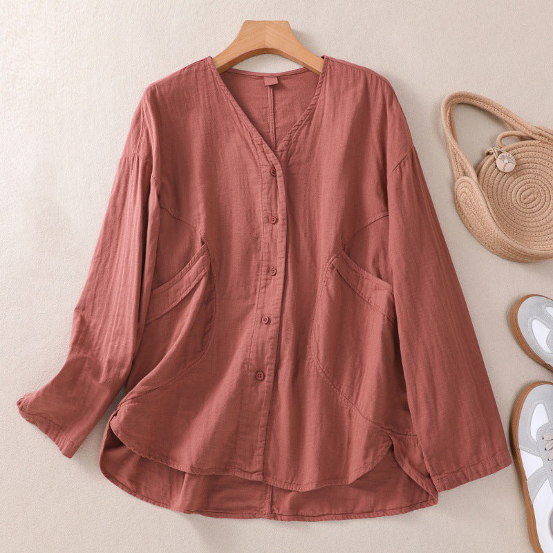 Solid Color V-Neck Long Sleeved Loose Shirt