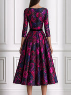 Rose Print Fit-and-Flare Midi Dress