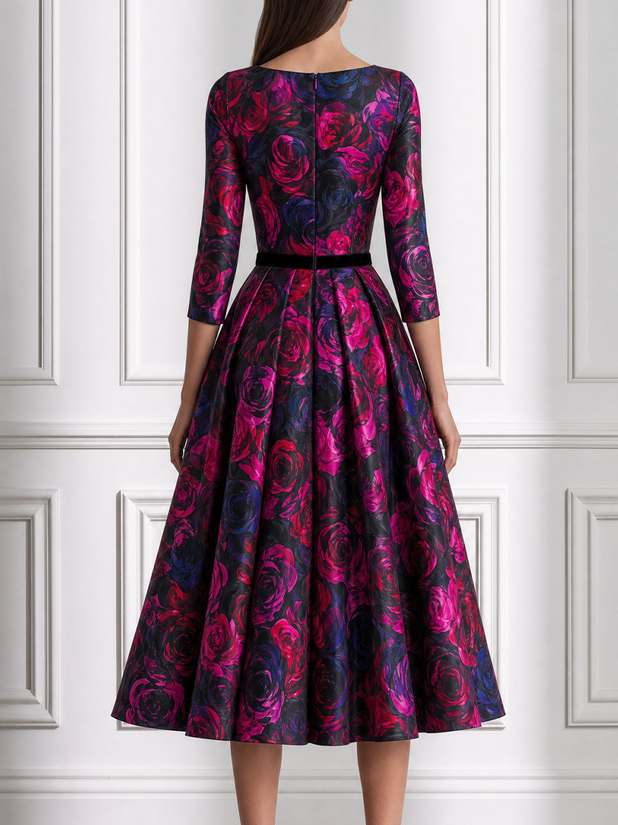 Rose Print Fit-and-Flare Midi Dress