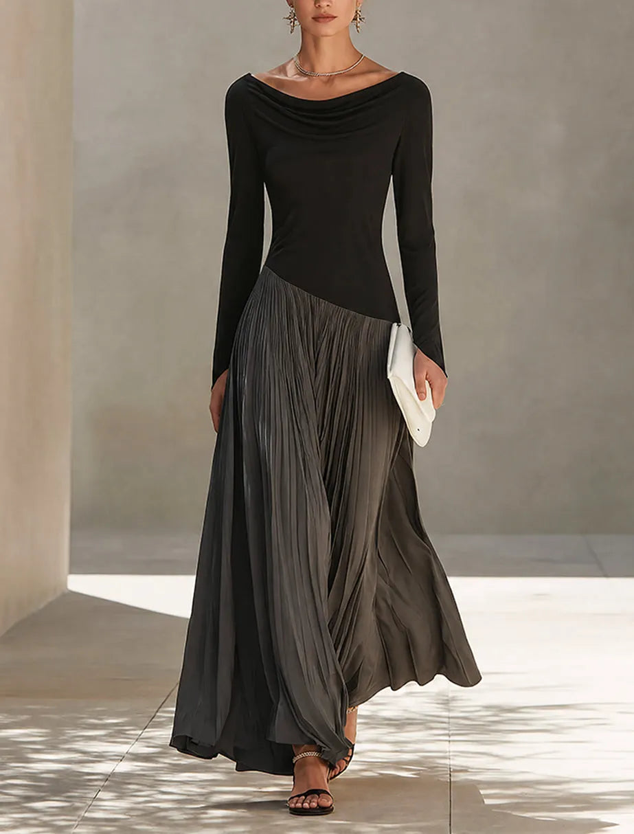 Black And Gray Two-tone Patchwork Draped Neckline Pleated Maxi Dress
