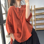 Vintage Plain Crew Neck Button Cotton Linen Casual Shirt