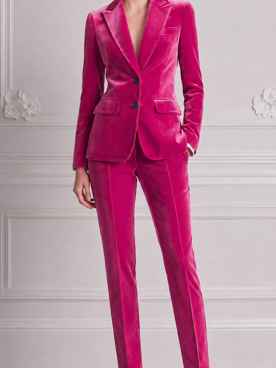 Fuchsia Velvet Tailored Blazer & Slim Pants Set