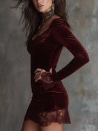 Sparkling Velvet Lace-Trim Mini Dress – Spiced Wine Red